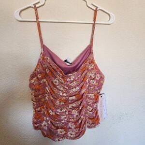 Sweet Rain womens sleeveless vneck pink floral Ruched mesh top sz XL NWT cropped